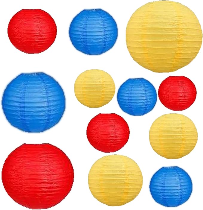 12Pcs Paper Lanterns 6”, 8”, 10”, 12”,Paperlanterns Party Decoration, Red Yellow Blue Paper Lanterns for Wedding, Bridal, Birthday, Outdoor, Home, Garden, Holiday and Party.
