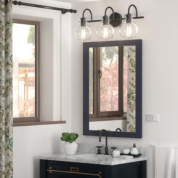 Black Vanity Light, Modern 3 Light Bathroom Light Fixtures Over Mirror Matte Black Bathroom Vanity Light with Globe Glass Shade, E26 Base, 17 Inch, UL Listed
