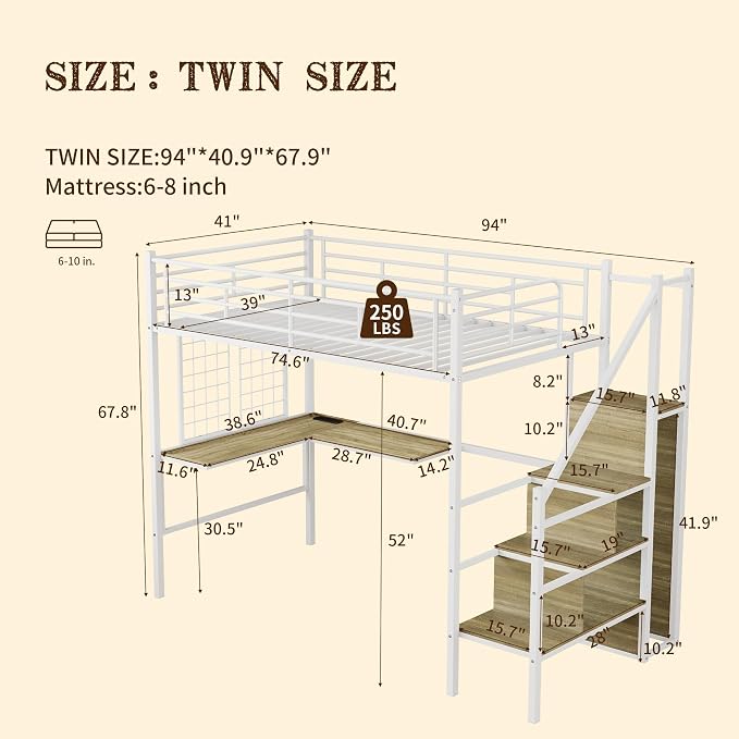 Twin Size Metal Loft Bed with Reversible Stairs & L-Shaped Desk,White | Storage Stairs,Wardrobe,L-Shaped Desk,USB Charging Station,Space-Saving for boys & Girls, Noise-Free, No Box Spring Needed