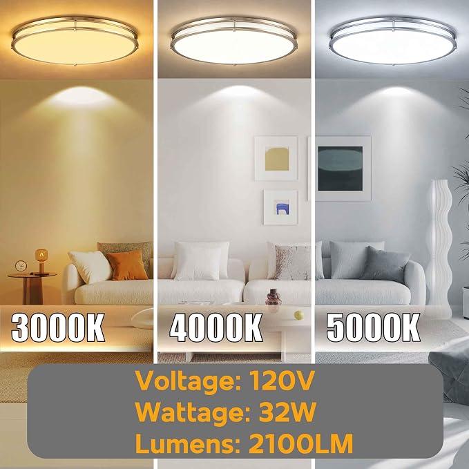 24 Inch Oval Brushed Nickel Ceiling Light-Flush Mount LED Ceiling Light 3000K/4000K/5000K Adjustable Brushed Nickel LED Bathroom Bedroom Lights 24” Kitchen Lamp, 32W, 2100LM, Steel and Polystyrene
