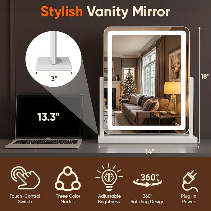 Antok Vanity Mirror with Lights, 14"X18" Lighted Makeup Mirror, Smart Touch, 3 Color Modes and Brightness Adjustable, LED Vanity Mirror with Detachable 10X Magnification, 360° Rotation for Makeup Desk