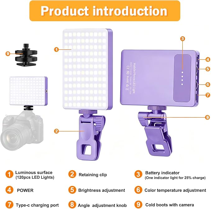 120 LED Selfie Light for iPhone, Portable Phone Light with Clip & Camera Tripod Adapter - 5000mAh Rechargeable, 3 Lighting Modes, CRI 97+ for Video Recording, TikTok, Tripod Mount Rings