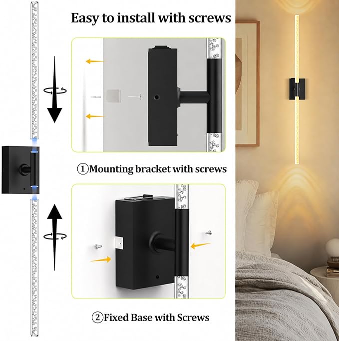 Crystal Bubble Wall Sconces Set of 2, Black 10000mAh Rechargeable | Wireless Lights with Remote & 360° Rotate, 4 Color Temps Dimmable, 31.5" Wall Lamp for Bedroom Living Room Mirror