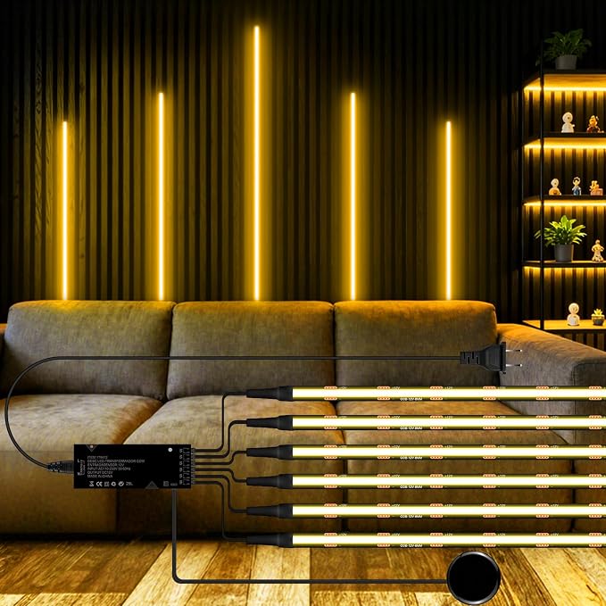 Touch Dimmable Black COB LED Strip Lights 6PCS 12V 6.56Ft 3000K Warm | LED Recessed Lighting Kit Self-Adhesive LED Uner Cabinet Light for Wood Slat Wall Panels Headboards Shelves Display Cabinet