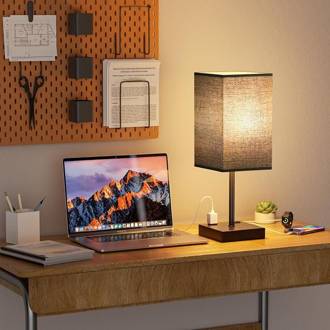 17.4" Black Bedside Table Lamp for Bedroom, Dimmable, USB C+A, 2 AC Outlets | 3-Way Touch Dimming, 3000K Warm White Bulb Included, Nightstand Lamp with Square Linen Shade, Room Decor for Men, Boys, Desk