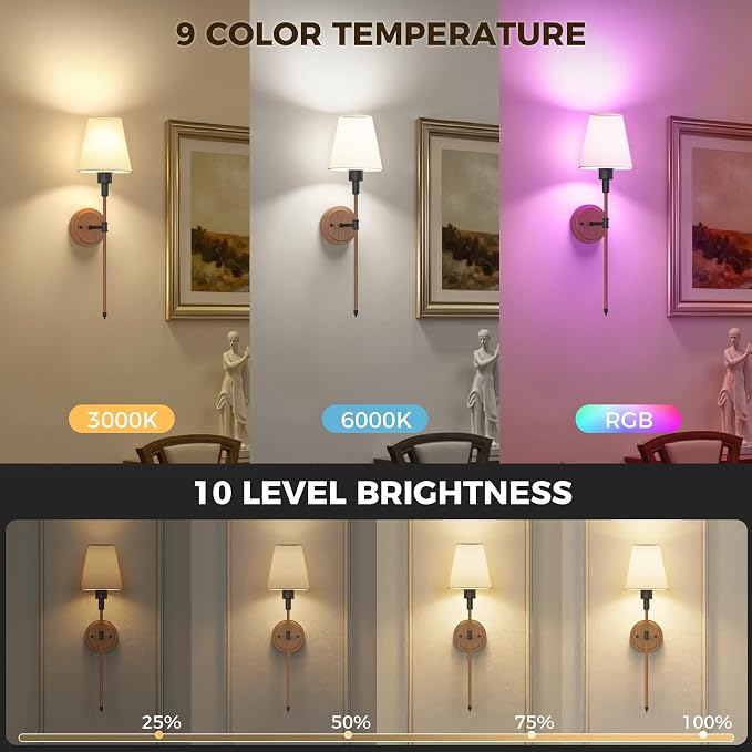 Battery Operated Wall Sconce: Set of 2 Wireless Wall Light 12000mAh | 15 Color Rechargeable Wall Sconces, Sconce Wall Decor Set of 2 for Bedroom, Living Room, Gold, 24.6in
