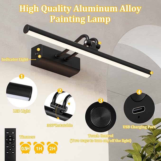 Battery Operated Picture Light for Wall, 13.8'', Black | 4000 mAh, Dimmable, Remote Control, For Art Painting & Gallery, Display for Living Room, Bedroom