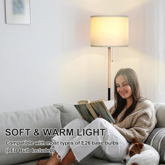 Bedroom Floor Lamp Farmhouse Floor Lamps for Living Room Mid-Century Pole Lamp with Linen Lamp Shade, Standing Tall Floor Lamps for Bedrooms and Office (White+ Wood Black Pole)