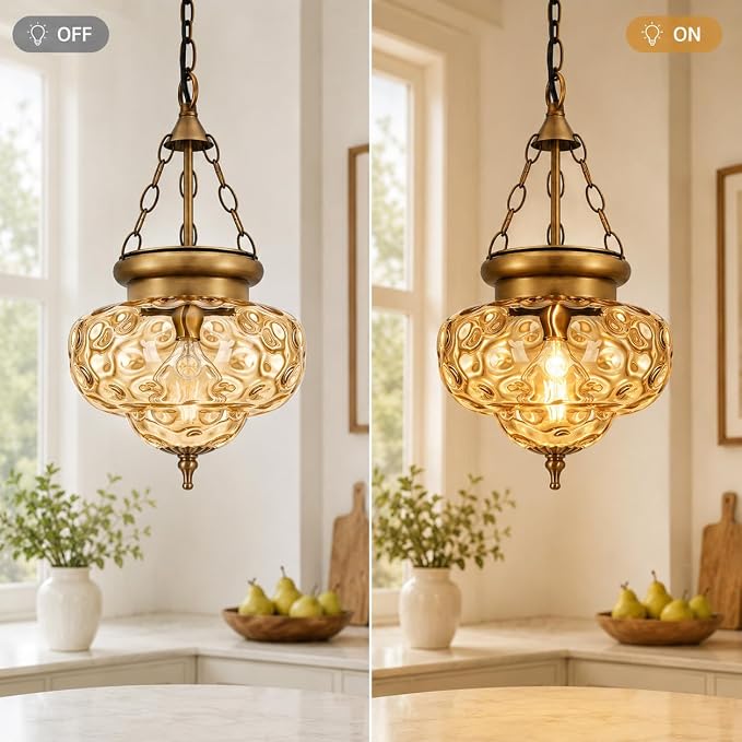 Vintage Brushed Antique Brass Pendant Light for Kitchen Island, Handblown Textured Amber Hammered Glass Hanging Light Fixture, Adjustable Height E26 Pendant Lighting for Dining Room Entryway Hallway