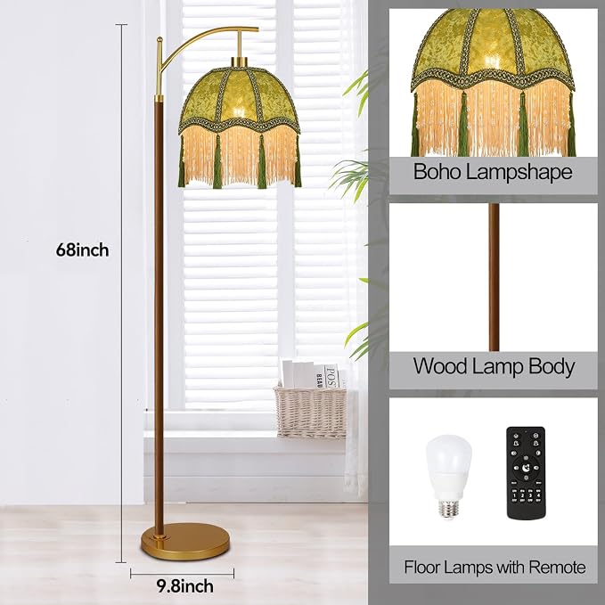 Wood Floor Lamps for Living Room Arc Boho Floor Lamp with Remote Control &3 Color Temperature,Vintage Green Floor Lamp Flower Mid Century Modern Standing Lamp Fringe Tall Floor Lamp for Bedroom Corner