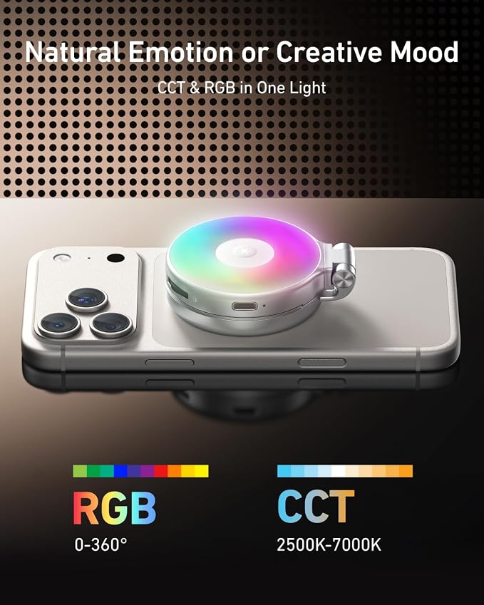 TELESIN 4-in-1 RGB Selfie Light with Mirror for Phone | 4 in 1 Magnetic RGB Light with Makeup Mirror and Phone Stand, Rechargeable Clip-On Light for TikTok, Vlog, Selfie, Makeup