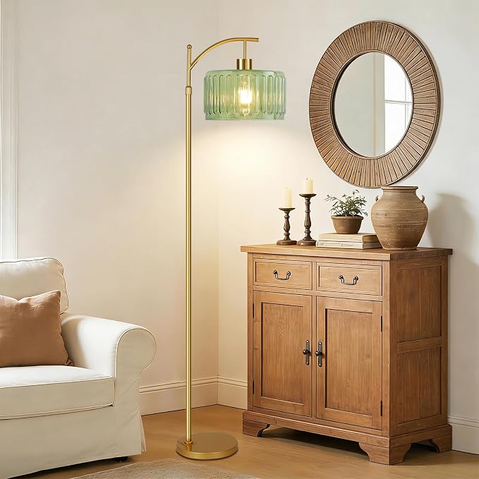 QIYIZM Floor Lamp for Living Room,Bedroom,Gold Dimmable Standing Lamp with Remote,Mid Century Modern Brass Tall Lamp Retro Vintage Glass Lamp Floor Light Boho Bohemian