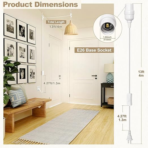 DiCUNO Hanging Lantern Extension Cord Cable, E26 Pendant Light Socket On Off Inline Cord Switch Control Lamp, Switch Close to Polarized Plug, 13 Feet, White, 2-Pack