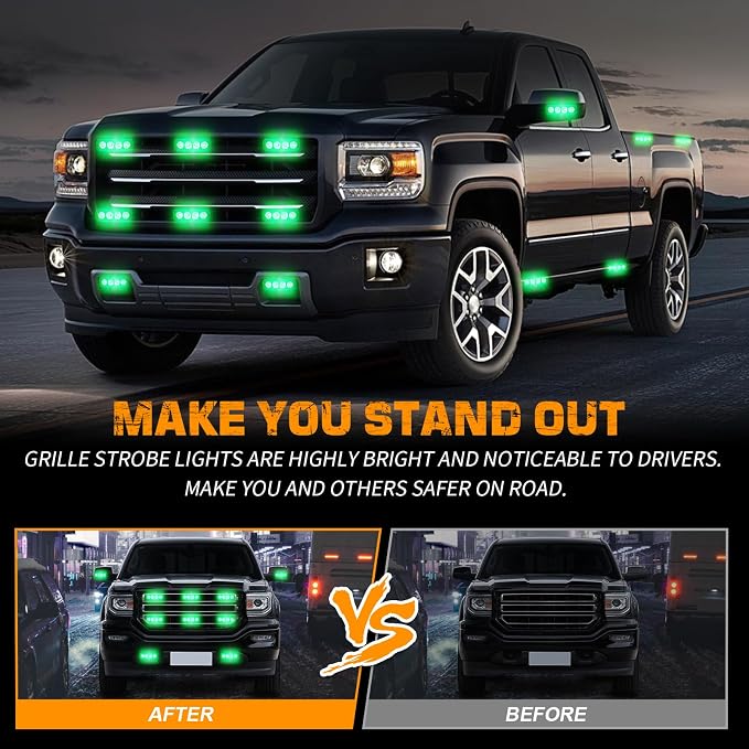 8PCS Sync Grill Strobe Lights 32 LED Green Emergency Lights | Grille Surface Mount Warning Safety Hazard Caution Light for Tow Plow Trucks Construction Vehicles, Car, ATV, UTV, Motorcycle