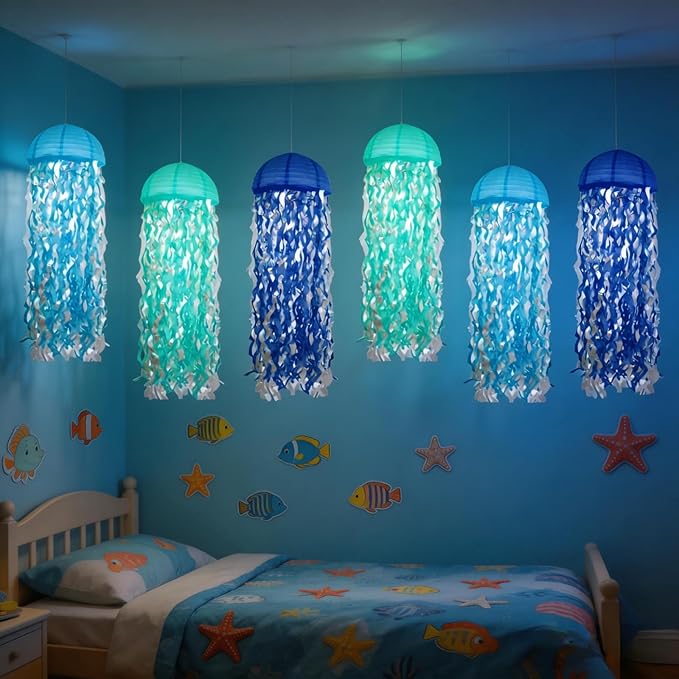 Jellyfish Paper Lanterns with LED Lights Set of 6, Blue Mix Dome Hanging Floating Decorations for Under the Sea Party Mermaid Birthday Ocean Classroom Beach Room Aesthetic