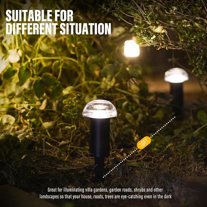 Low Voltage Landscape Pathway Lighting 6PK 1.5W LED Mushroom Lights 35Lumen Wired Walkway Light 3000K Warm White Driveway & Sideway Lights Metal Black Finish with Connector Stake