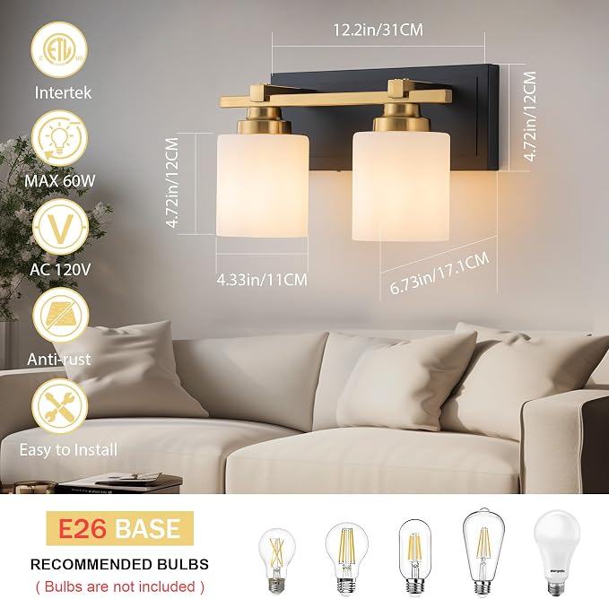 Modern Bathroom Light Fixtures Over Mirror, Vanity Lights for Bathroom Wall Sconces with Milky White Glass Shades, E26 Socket (Bulbs Not Included), 2 Light, Black Gold