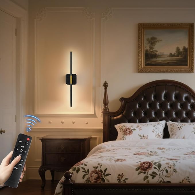 Battery Operated Wall Sconce Detachable 360°Rotate, Wireless Wall Lamp 3000-6500K Dimmable, 10000mAh Rechargeable Wall Light for Bedroom, Living Room，28.3" Black Gold 4 Pack