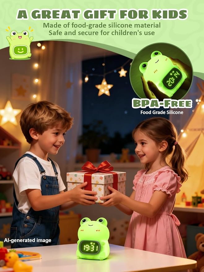 Frog Alarm Clock with Night Light for Kids, Silicone Cute Toddler Wake Clock, Rechargeable 7 Colors RGB & Warm Light, Sleep Companion for Boys Girls