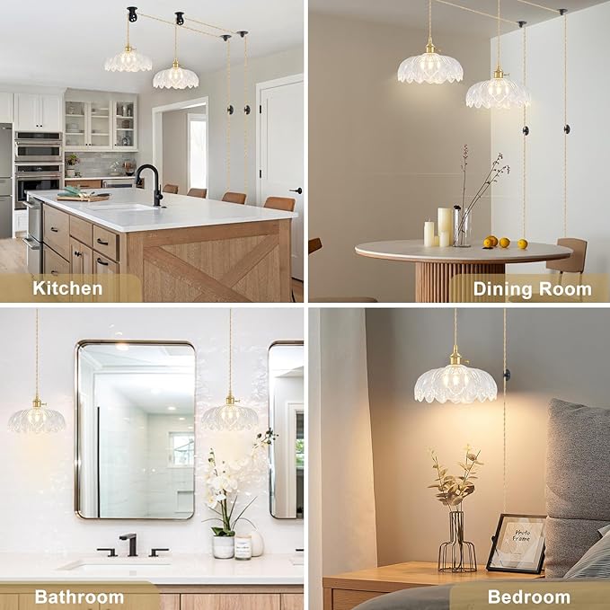 2 Pack Plug in Pendant Light Fixtures, Hanging Light Fixture Glass Pendant Light, Vintage Transparent Hanging Lamp, Pendant Lighting for Kitchen Island, Bedroom, Dining Room, Living Room