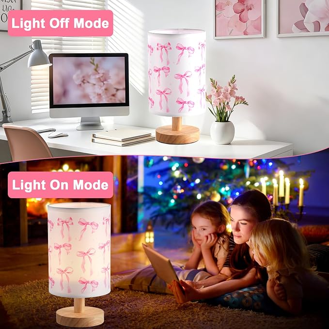 Lonfliness Pink Bow Kids Table Lamp Kids Bedside Lamp Bedroom LED Night Light with Linen Wooden Nightstand Cartoon Nursery Lampshade for Girls Boys Living Room