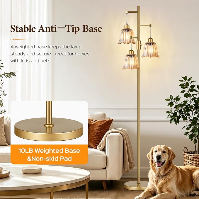 Dimmable Flower Floor Lamp, 3 x 900LM LED Bulbs Included, Modern | 70" Gold Tree Standing Lamp, 3 Lights Elegant Amber Glass Flower Shade, Vintage Floor Lamps for Living Room, Bedroom, Office