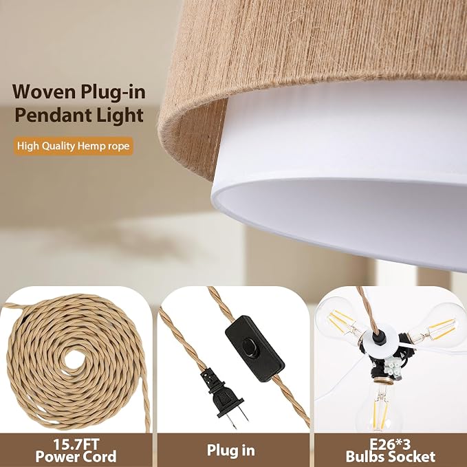 Plug in Pendant Light, 18” Rattan Plug in Chandelier with 15.7FT Light Cord, Hanging Light with Handwoven Hemp Rope Lampshade for Living Room Bedroom Kitchen
