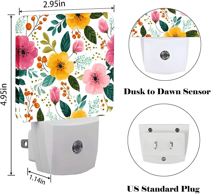 Vintage Botanical Flower Night Light,Plug Into Wall for Boys Girls Bedroom Decorative Square Night Light Lamp 0.5w Sleep Friendly