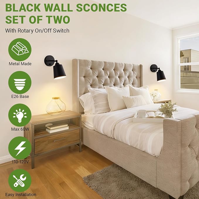 Dimmable Wall Sconces Set of Two, Bedside Wall Mount Lamp with Rotary Switch, Black Bathroom Vanity Lights with Metal Shade, Hardwired Swing Arm Wall Lights for Bedroom Living Room Hallway