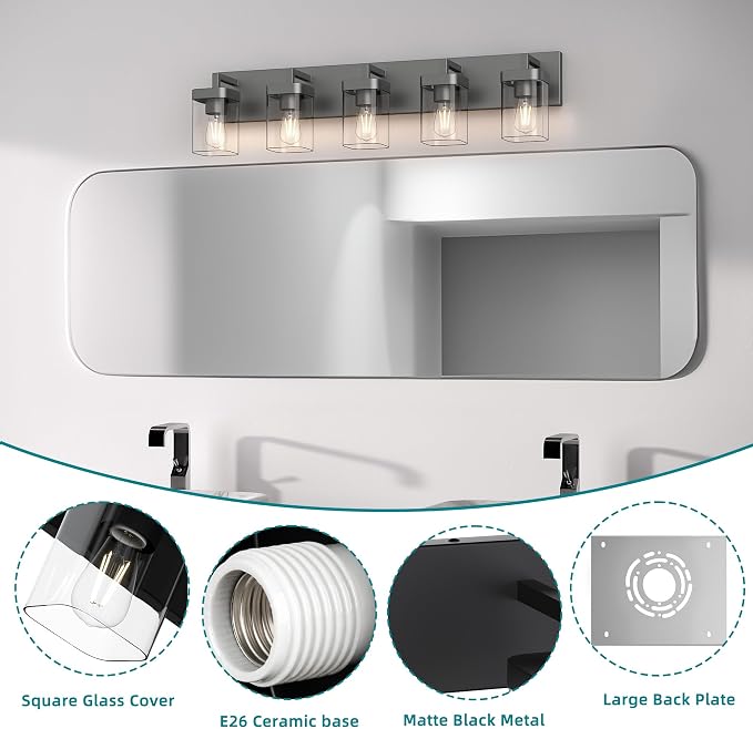 Bathroom Vanity Light, Square Design 5 Lights Morden Bathroom Lighting Fixtures Over Mirror, Black Vanity Light for Living Room/Bedroom