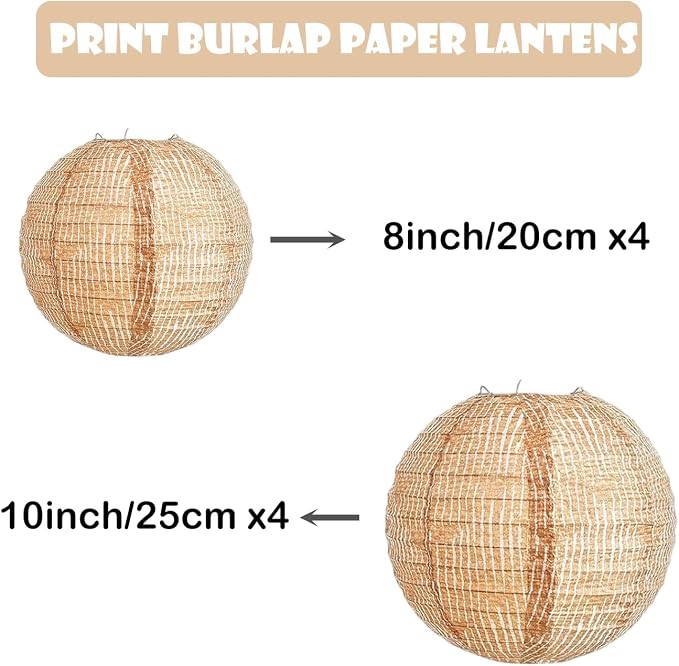 ZOOYOO Print Burlap Paper Lanterns, 8 Pcs Boho Hanging Lanterns with Rustic Pattern, Brown Burlap Paper Lanterns for Bohemian Wedding, Farmhouse Decor, Thanksgiving and Birthday, 8 and 10 Inch