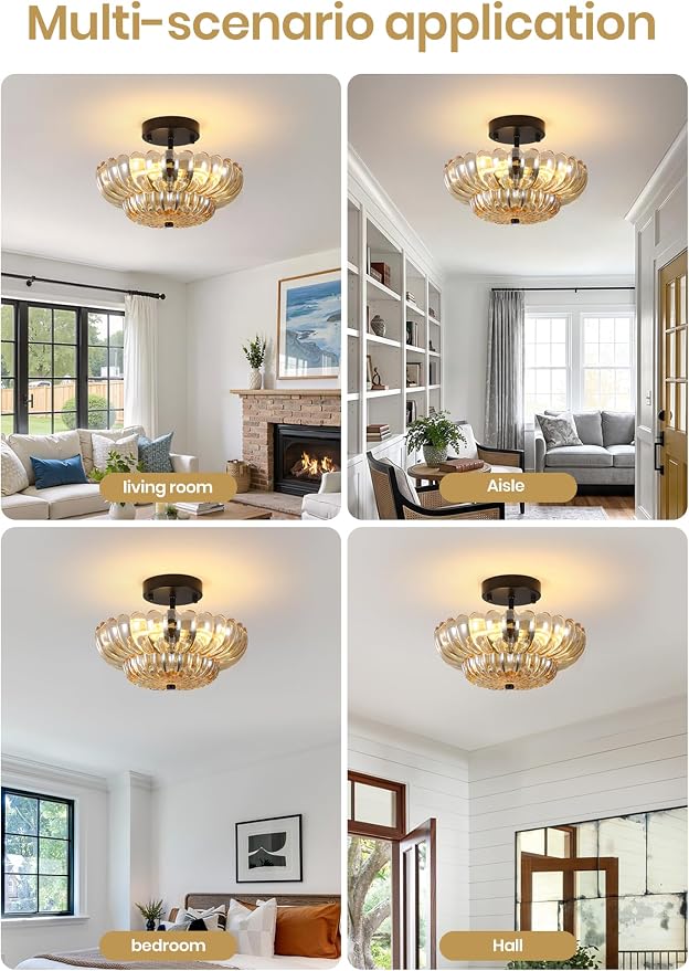 Semi Flush Mount Ceiling Light, Vintage Black Close to Ceiling Light Fixture with Glass Shade, Mid Century Modern Lighting for Bedroom Hallway Kitchen Laundry-Amber