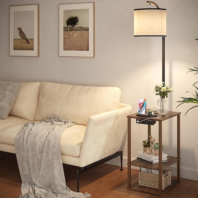 SUNMORY Floor Lamp with Table Shelves, End Side Table for Living Room | USB & AC Charging Stations, 3 Color Temperature 9W LED Bulb, Adjustable Shade, Modern Nightstand Lamps for Bedroom Office