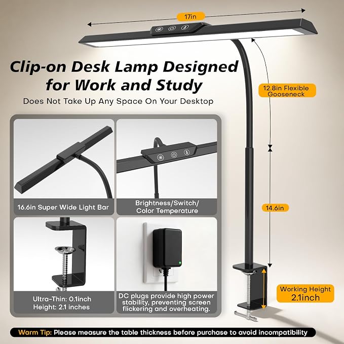 LED Desk Lamp for Office Home, Stepless Dimming Architect Desk Light with DC Adapter, Eye-Caring Desk Lamp with Clamp, 25 Lighting Modes Adjustable 12.8in Flexible Gooseneck for Workbench(Black)