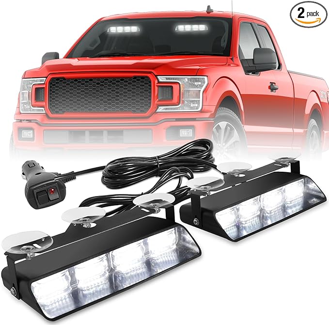 HLauto 2002L Emergency Dash Strobe Lights: White Safety Lights, Flashing Warning Hazard Windshield Visor Traffic Light Bars for Trucks, Construction Vehicles (2x8.5 inch, 48LED)