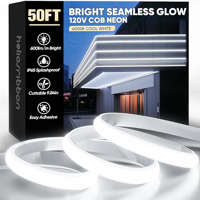 COB Led Neon Rope Lights 50ft 6000K Cool White, 110-120V Outdoor Waterproof Lighting Strip 600lm/m Super Bright, Cuttable and Adhesive, for Roof Bedroom Garden Commercial