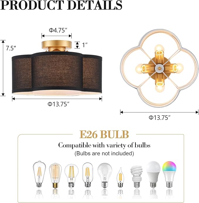 VILUXY Black Semi Flush Mount Ceiling Light Fixture, 4-Light Modern Ceiling Light with Linen Fabric Shade Farmhouse Drum Close to Ceiling Light for Bedroom Hallway Nursery Entryway, UL Listed