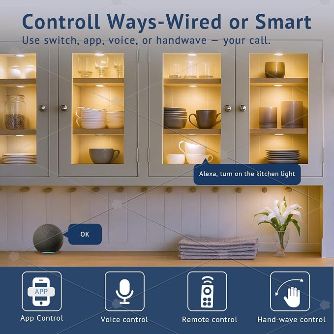 V4light LED Puck Lights, Smart Under Cabinet Lighting with Remote, 6 Pack | Dimmable 2700K-6500K, Alexa Voice Control, Plug-In Wired, Adhesive Mount, For Kitchen Counter Closet Shelf Display Case