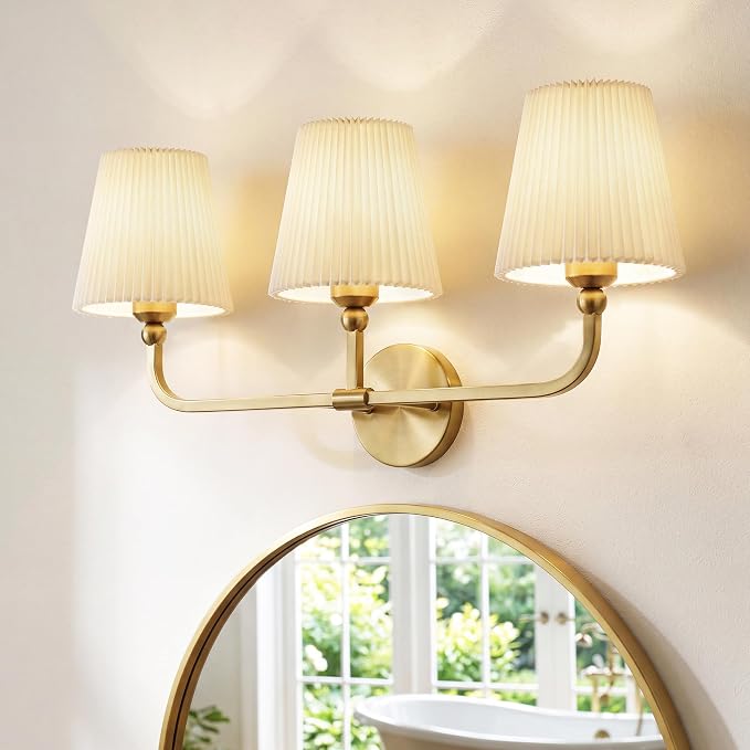 3-Light Gold Bathroom Vanity Light, Beige Pleated Fabric Shade | 25" 3-light gold double wall sconce with beige pleated fabric shades, E26 bulbs, hardwired, upward only, VL837-BG-Z-B-3