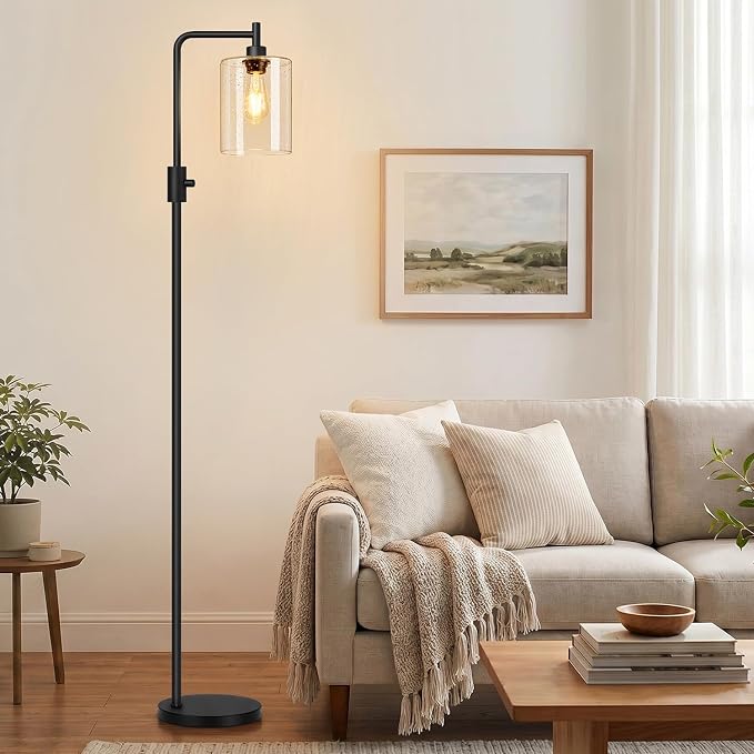 【Upgraded】 Dimmable Floor Lamp for Living Room with Seeded Glass Lampshade, Black Modern Glass Floor Lamp with 900LM LED Bulb Included, Arc Standing Tall Lamp for Bedroom, Office, Reading Room, Corner