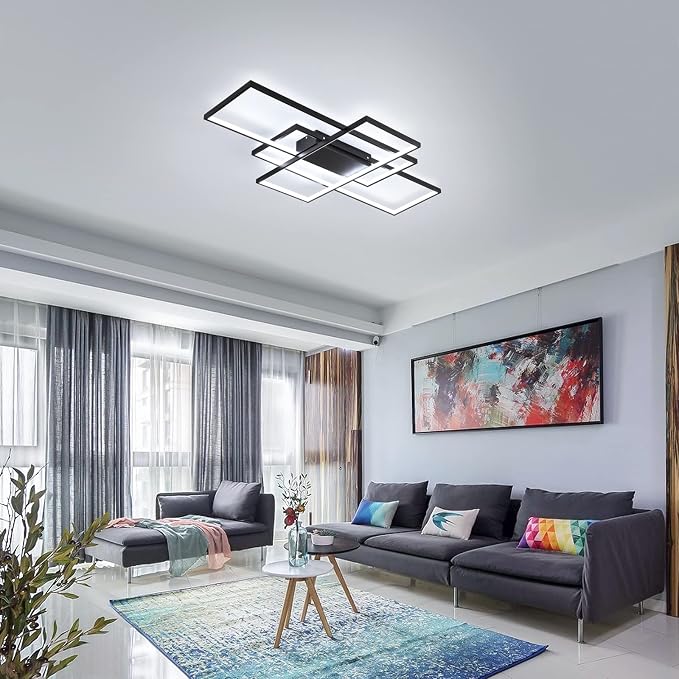 GEADI Modern 41.3in 3-Square LED Ceiling Light, 68W Black Flush Mount | Dimmable Rectangular Ceiling Lamp with Remote Control, 3000K-6000K, 5440 Lumens for Living Room, Dining Room and Kitchen