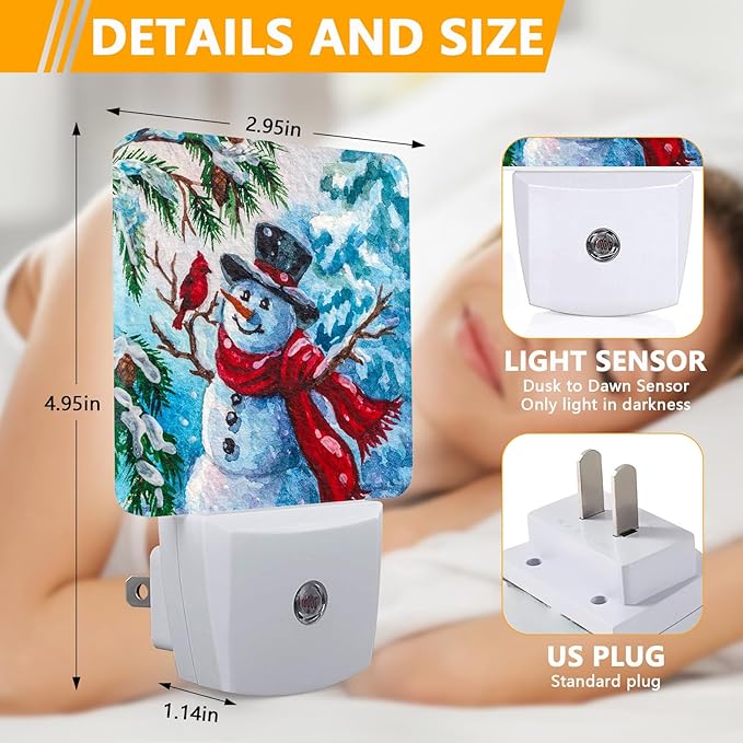 Winter Snowman Night Light, Plug-into Christmas Red Bird Nightlight White LED Lamp, Energy Efficient Decor Desk Lamp for Bedroom Hallway Stairs Bathroom