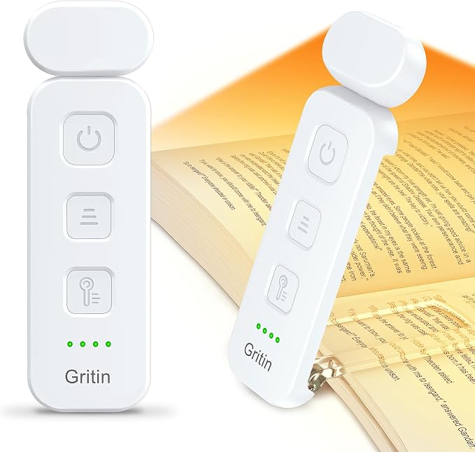 Gritin Reading Light, Rechargeable Book Light for Reading in Bed | Eye Caring 3 Color Temperatures, 5-Level Dimmable Brightness, Long Lasting,Compact Size Clip on Book Lamp for Bookworms-White