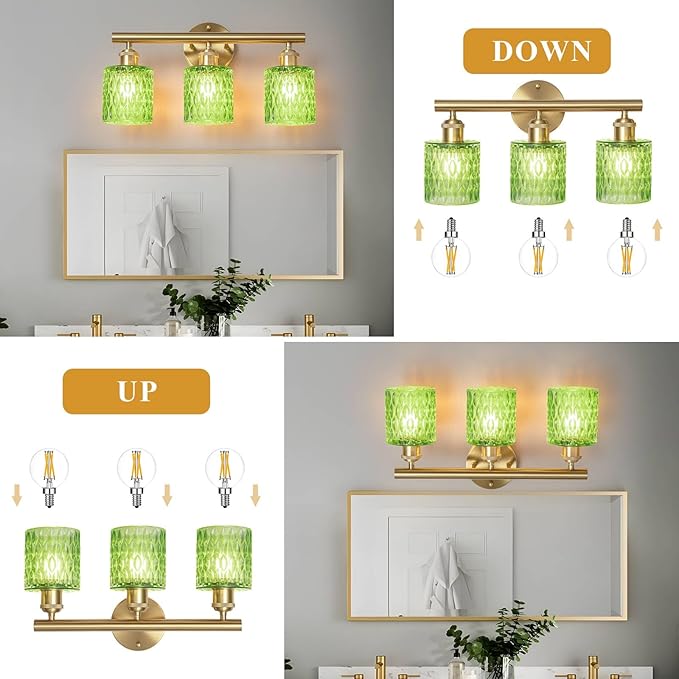 Bathroom Vanity Light, Gold Wall Fixture Over Mirror, Green Glass Shade Lighting with Bulbs Included for Bedroom & Living Room,3-Lights