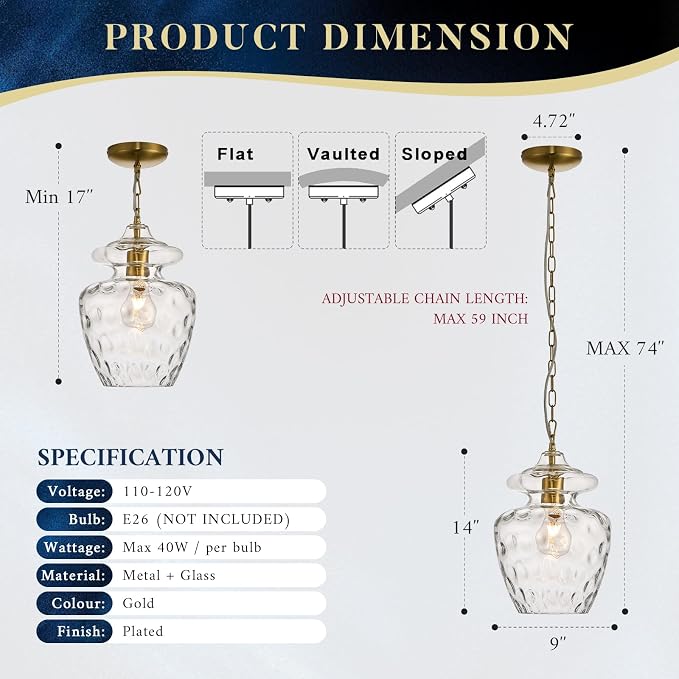 Modern Gold Pendant Lights Hammered Glass Pendant Lighting 9" Single E26 Hanging Ceiling Light for Kitchen Island Dining Room Hallway Bedroom Entryway