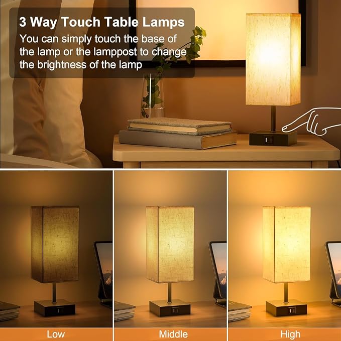 Bedside Table Lamps for Bedroom Touch Nightstand Lamp with USB C+A | Beige Lampshade 14-inch, 3 Way Dimmable, Small Bedside Lamps for Living Room, Dorm, Office, Home Decor, LED Bulbs Included