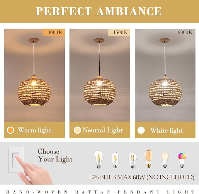Boho Pendant Lights Kitchen Island Rattan Lights Fixture for Dining Room 15.8" Hand-Woven Chandelier Weaving Hanging Ceiling Light for Restaurant Living Room Bedroom Foyer Hallway