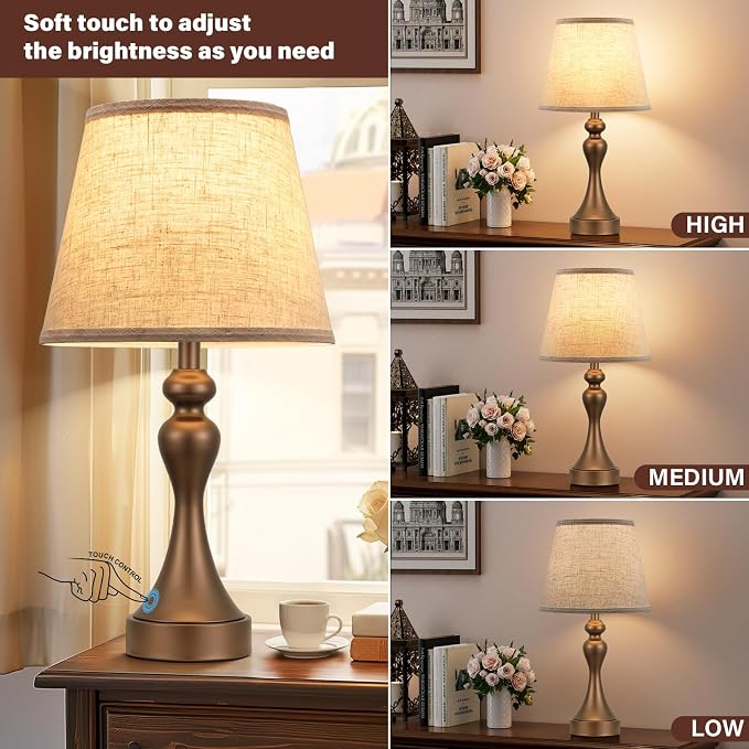 Touch Lamps for Nightstand, 3 Way Dimmable Bedside Lamps with USB C+A Ports | Touch Control, LED Bulb Included, Small Brown Table Lamp for Bedroom, Night Stands, End Table, Gift，Corded，Beige Shade