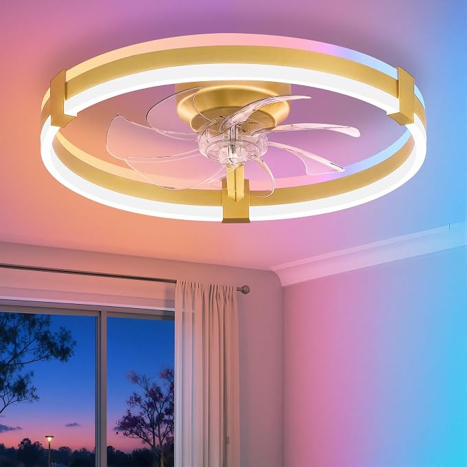 ZMISHIBO 20" RGB Low Profile Ceiling Fans with Lights and Remote, Gold | Custom RGB+3CCT Dimmable, 6 Speeds, Remote/App Control, Reversible DC Motor, Memory, Timer, Modern Fandelier for Kids/Bedroom