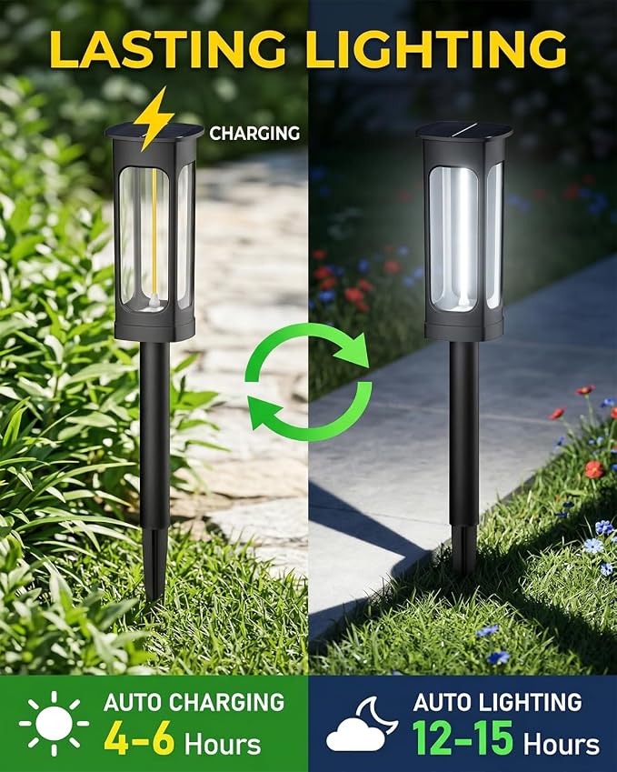 Solar Pathway Lights Outdoor 6 Pack, Upgraded Brighter 6 Inch extended filament Solar Garden Lights, Waterproof Up to 15 Hrs Lighting for Yard Garden Walkway Driveway Landscape Patio Decor （White）